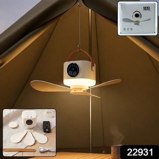 Portable rechargeable fan with LED lamp and hook for camping