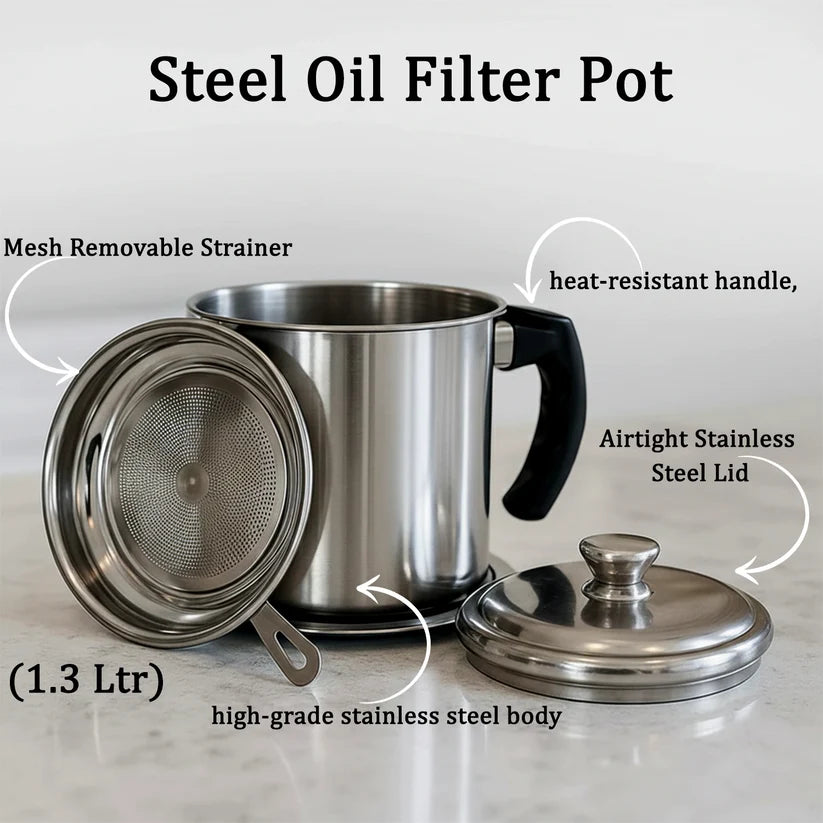 Stainless Steel Oil Filter Pot  1.3 L Durable & Reusable