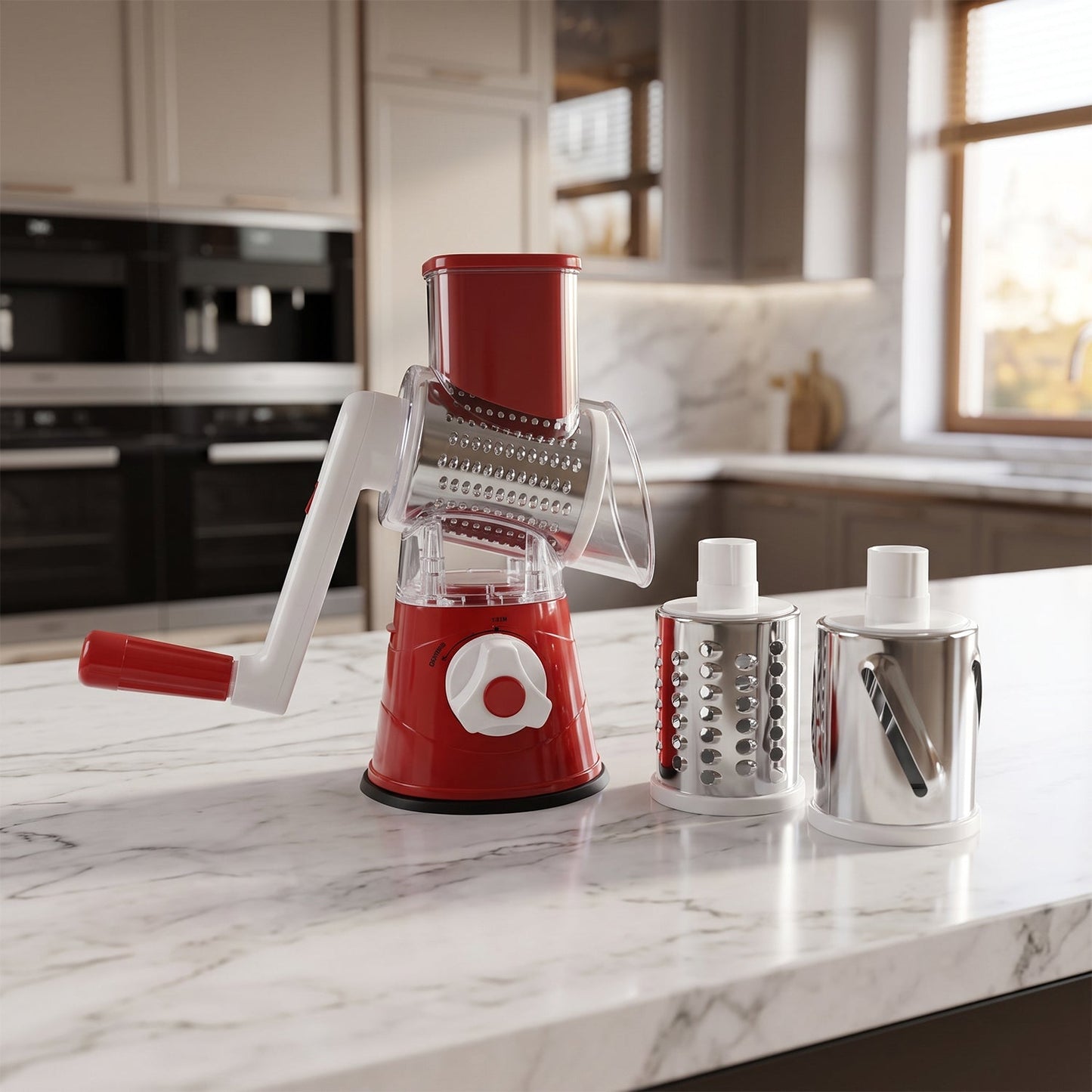 Manual vegetable slicer and grater with interchangeable drums