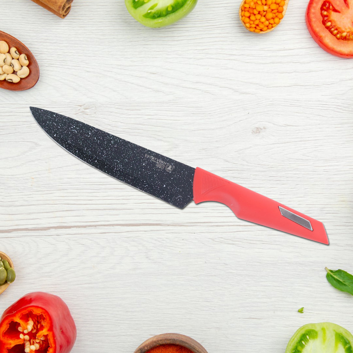 Kitchen Knife Set With Marble-coated Blades  Red Handles (6 Pc)