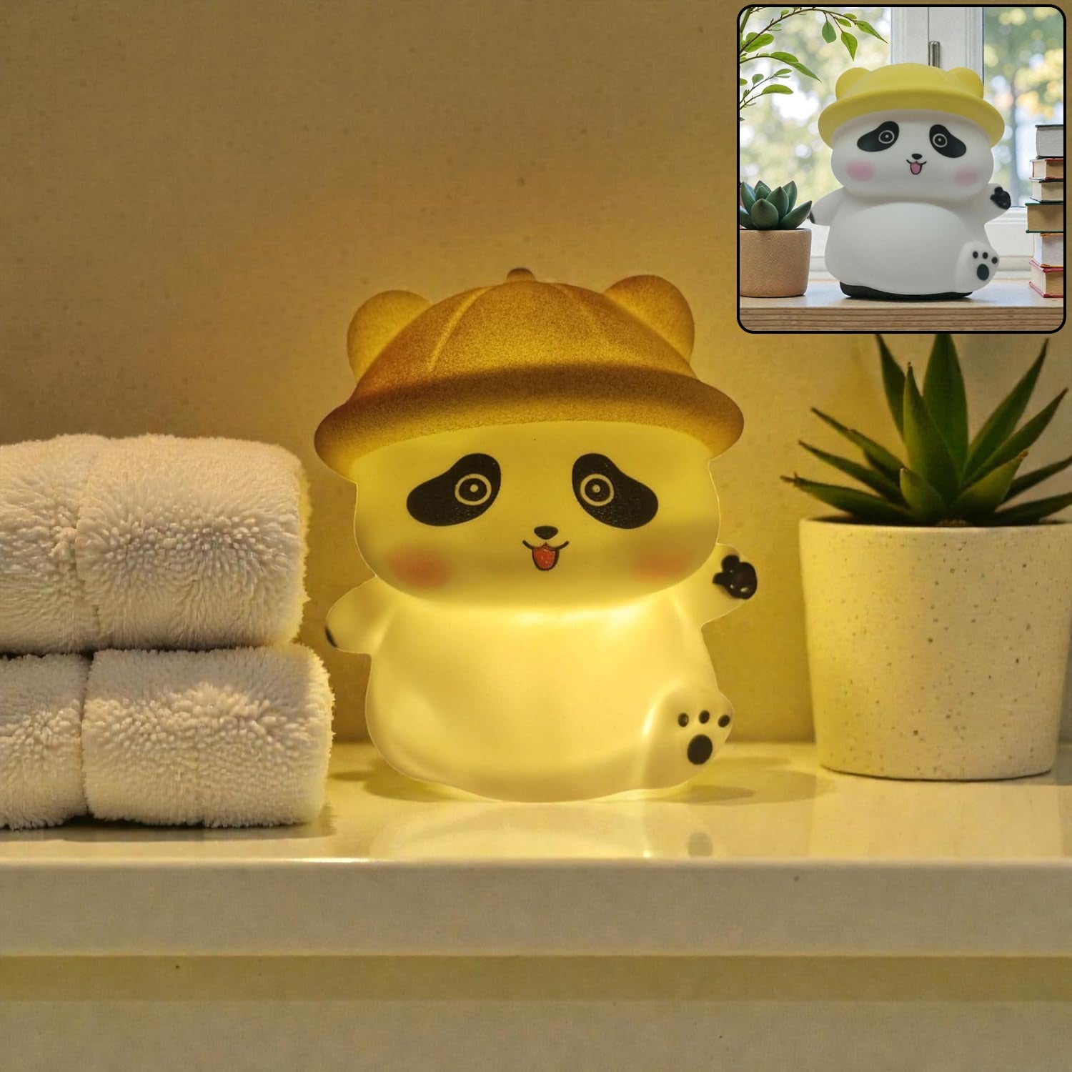 Panda with hat LED night light, cute silicone bedside lamp for kids (1 pc)