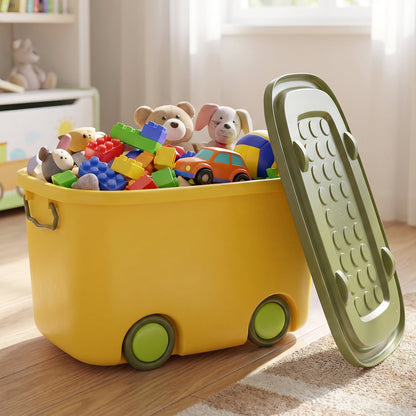 Mobile plastic storage bin with lid and castor wheels