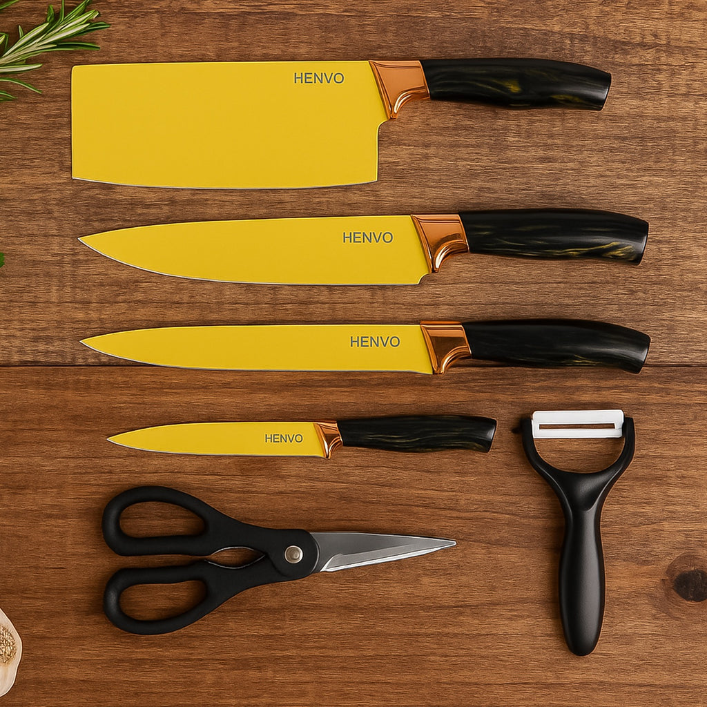 6 Pcs Professional Kitchen Knife Set With Chef Knives Cleaver Peeler  Scissors