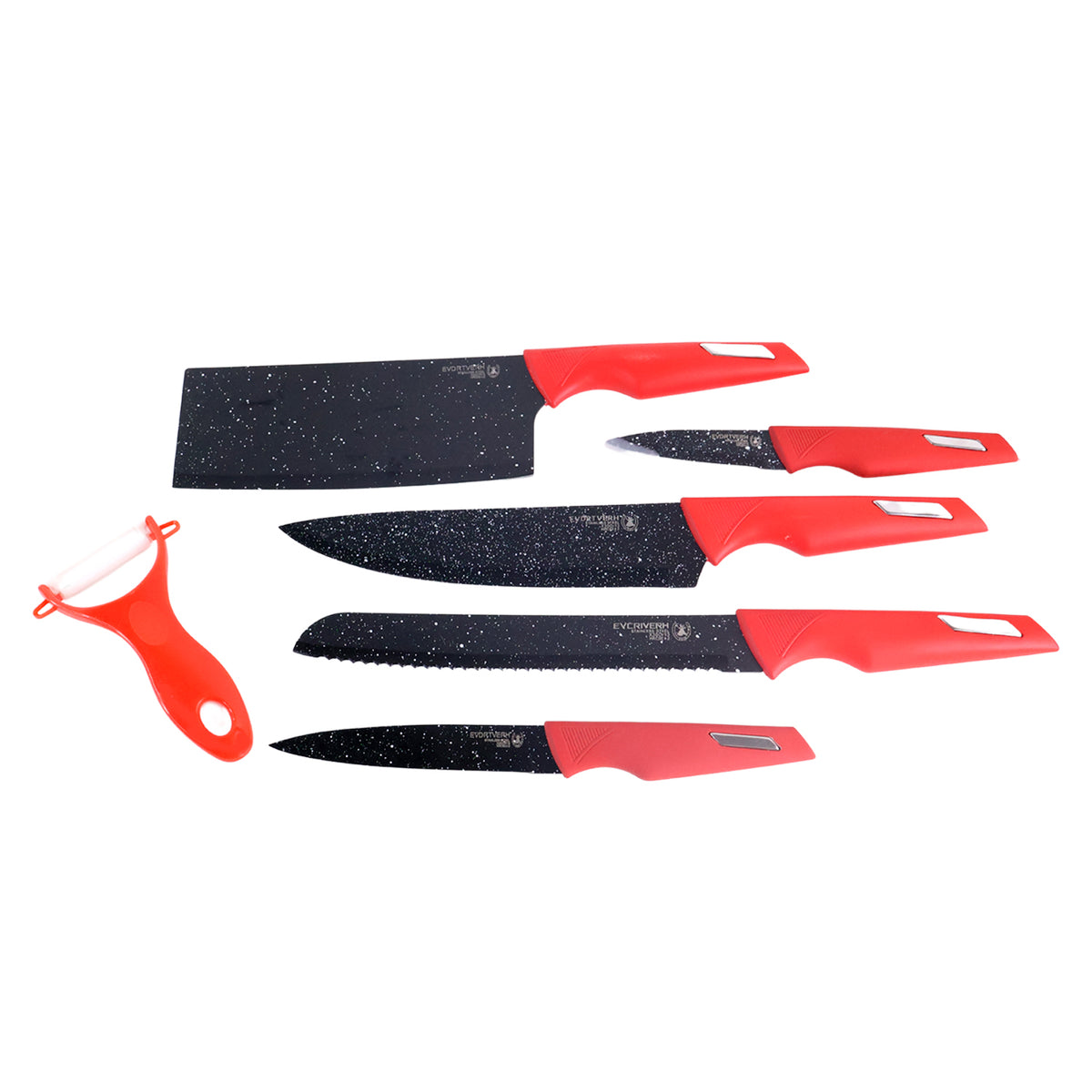 Kitchen Knife Set With Marble-coated Blades  Red Handles (6 Pc)